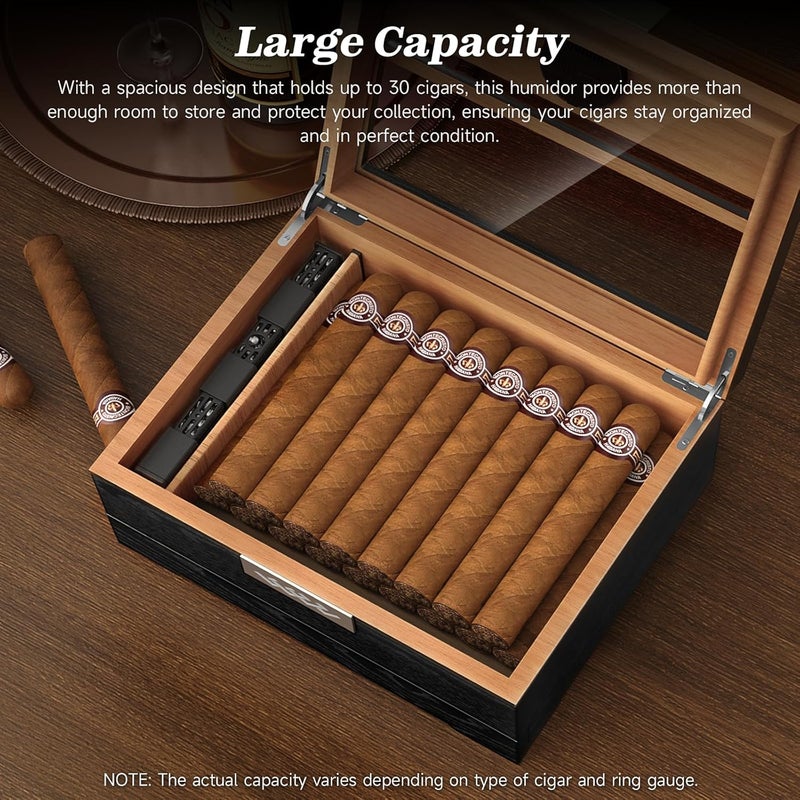 TISFA Cigar Humidor, Cedar Wood Desktop Humidor Box with Digital Hygrometer, Adjustable Humidifier, Accessory Drawer, Divider, Cigar Length Measurement, Glass Top Storage Holder Cigar Case (Black) - Image 4
